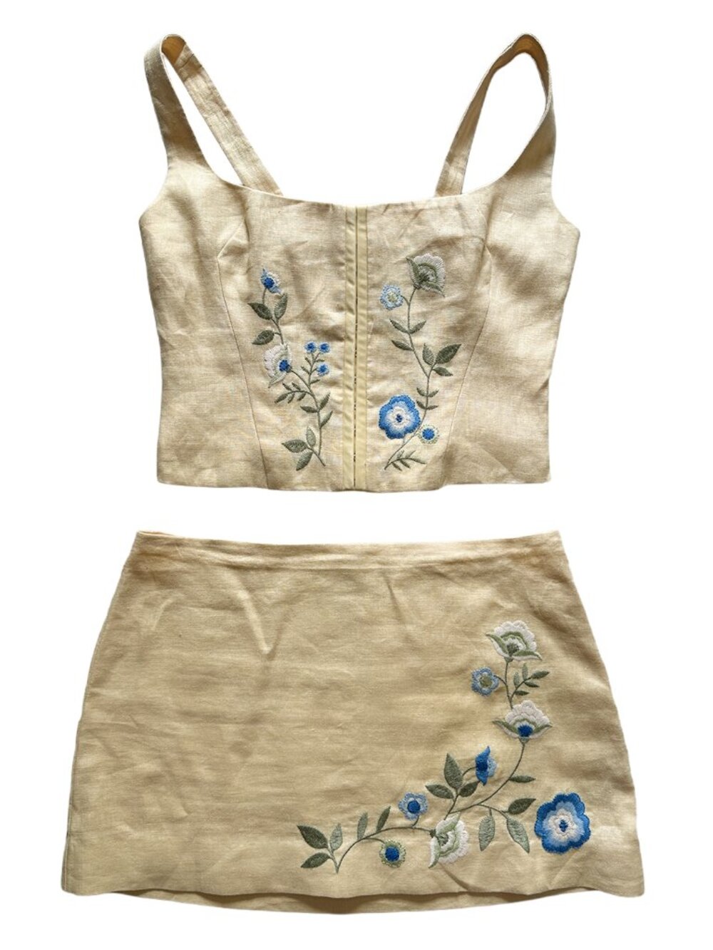 Reformation Juliet Linen Top + Ren Skirt Two Piece Set Parmesan Yellow Floral 6 - Picture 2 of 8